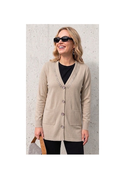 Onno Style Women Yakası Taşlı Çelik Örgü Triko Kadın Ceket Taş