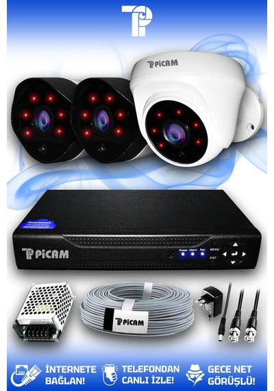 Picam 3 Kameralı Uzay 1 İç Kamera Set HDD'siz Full HD Gece Görüşlü Güvenlik Kamerası Sistemi