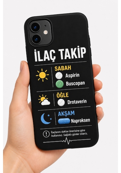 İlaç Takip Telefon Kılıfı Sabah Öğle Akşam İlaç Programı Baskılı Kılıf Kişiye Özel Tasarım Siyah