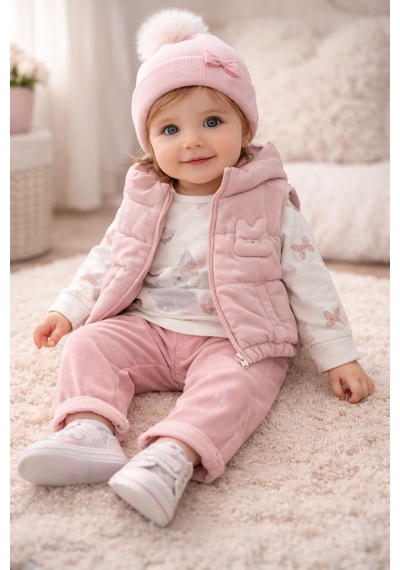 Wow Cepli Pantolon Şişirme Tavşanlı Kız Yelekli Takım 9-24 Aylık -451013360 - Pudra Pudra