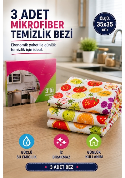 Renkli 3'lü Mikrofiber Temizlik Bezi 35x35 Cm Çok Amaçlı Mutfak Cam Banyo Silme Ve Kurulama Bezi Diğer