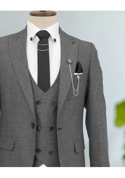 Beystil Sivri Yaka Gri Takım Elbise Bezayak - Slim Fit Gri