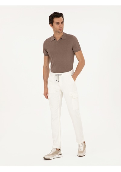 Cacharel Beyaz Straight Fit Kadife Kargo Cepli %100 Pamuk Kanvas Pantolon