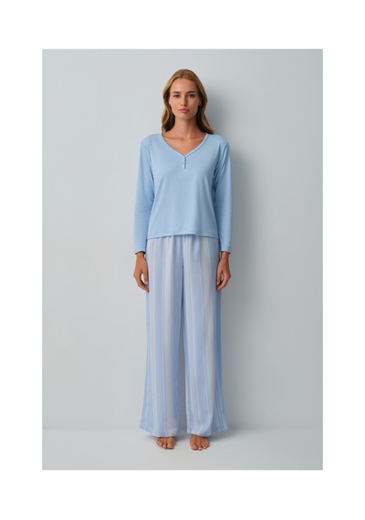 Suwen Freya V Yaka Pijama Takımı Wsh105101211196 Mavi