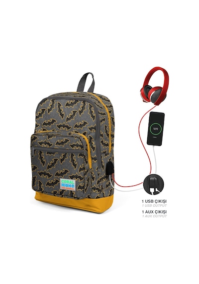 Coral High Kids Koyu Gri Hardal Yarasa Desenli Dört Bölmeli  USB Şarjlı Kulaklık Çıkışlı Okul Sırt 23821