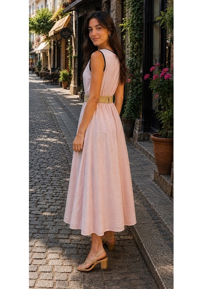 Eren Style İtalyan Belden Dolamalı Anvelop Keten Elbise Boyu:126 Cm'dir. Pudra Eren Style İtalyan Belden Dolamalı Anvelop Keten Elbise Boyu:126 Cm'dir. Pudra