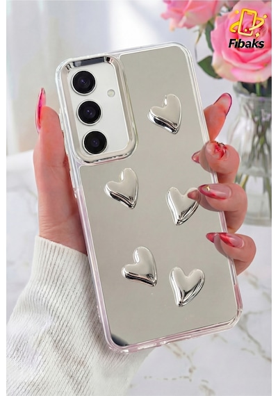 Fibaks Galaxy S24 Fe Uyumlu Kılıf Aynalı Gümüş 3d Kalp Desenli Darbe Emici Silikon Kapak