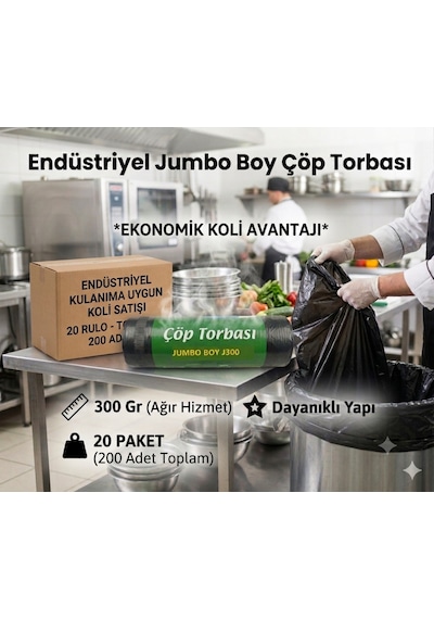 Günflex Endüstriyel Jumbo Boy Siyah Çöp Torbası, 20 Paket Toplam 200 Adet Poşet , 80x110 Cm, 300 Gr, Dayanıklı