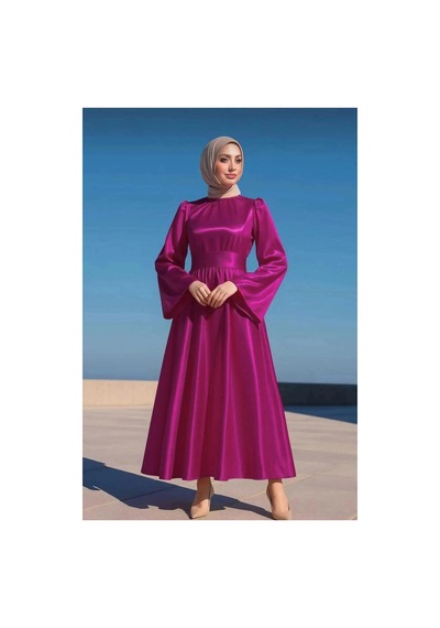 Defymoda Kadın Özgün Tasarım Saten Kumaş Dik Yaka Uzun Kollu Tesettür Abiye Fuşya