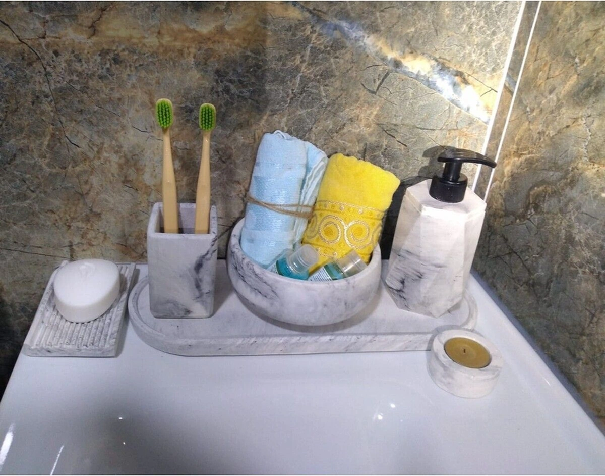 Marble Serisi 6'lı Banyo Seti, Sıvı Sabunluk Diş Fırçalığı Beton Aksesuar Takımı Gri