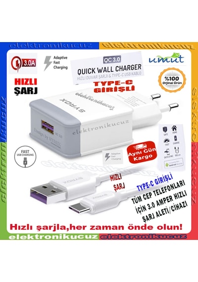 Syrox Q32 Type-C Girişli 3.0 Amper Hızlı Şarj Aleti (Beyaz) (431363018)