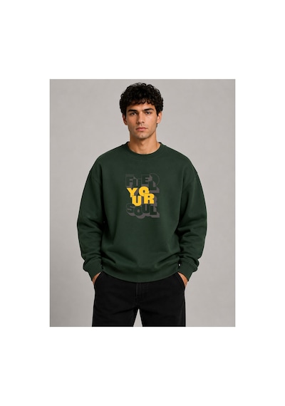 Herkesemoda Fuel Your Harder Baskı Detaylı Bisiklet Yaka Şardonlu 2 İplik Sweatshirt Yeşil