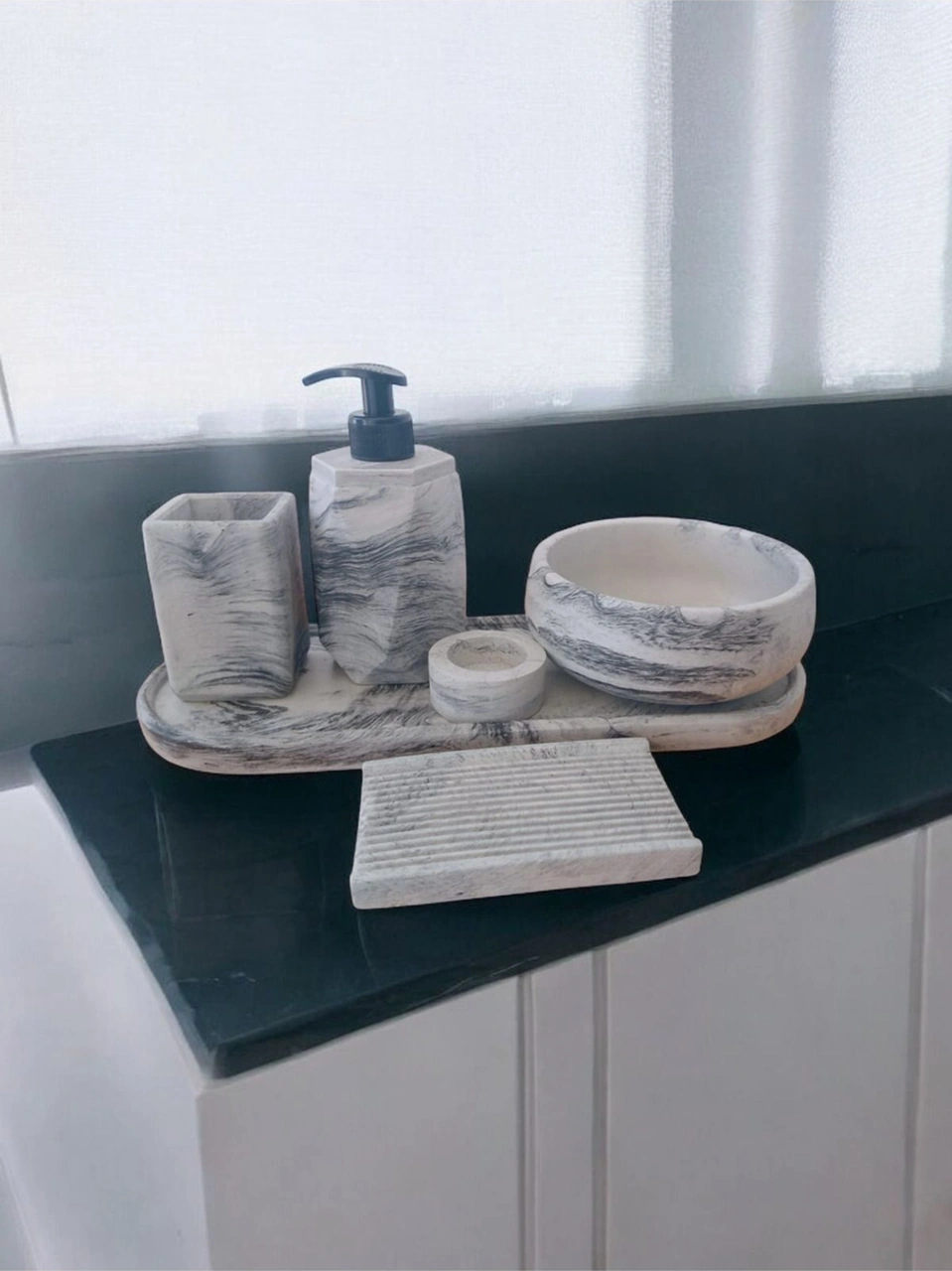 Marble Serisi Antrasit 6'lı Beton Banyo Seti,sabunluk,diş Fırçalık,tepsi,mumluk,aksesuar,dekorasyon Antrasit