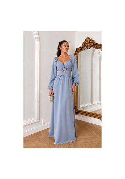 Store V Yaka Elbise Kollu Uzun Abiye Maxi Gri - 935908684 Gri
