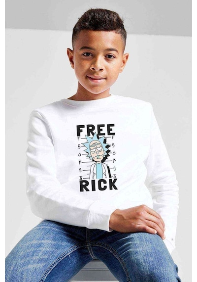 Tshirthane Free Rick Baskılı Unisex Çocuk Beyaz Sweatshirt Beyaz