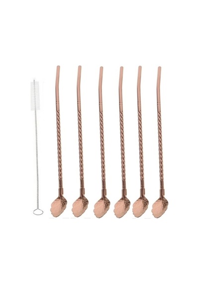 6'lı Bronz Pipetli Latte Kaşığı Kokteyl Kaşığı Ve Temizleme Fırçası, 22 Cm Yaprak Model Bronz