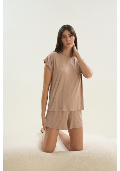 Sevim Kadın Kısa Kol Şortlu Bej Pijama Takım C9t6n0o61 001