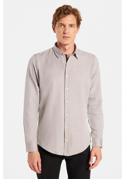 Tudors Slim Fit Uzun Kollu Oxford Doku Armürlü Biyeli Erkek Krem Gömlek-26940 Krem