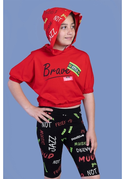 Toontoy Kids Toontoy Kız Çocuk 2'li Takım Baskılı Kapüşonlu Kısa Kollu Crop Sweatshirt & Basic Düz Crop Tayt Kırmızı Toontoy Kids Toontoy Kız Çocuk 2'li Takım Baskılı Kapüşonlu Kısa Kollu Crop Sweatshirt & Basic Düz Crop Tayt Kırmızı