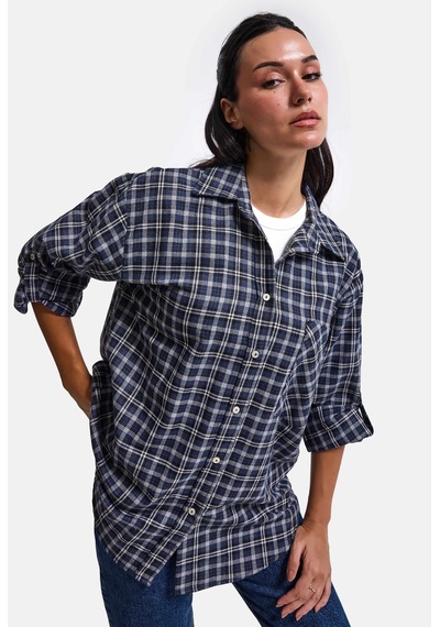 Kadın Gri Laci Ekose W6-54 Oversize Gömlek Lacivert