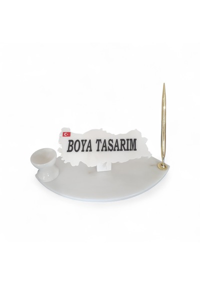 Doğal Beyaz Mermer Masa İsimlik Kalem Ve İğnelikli