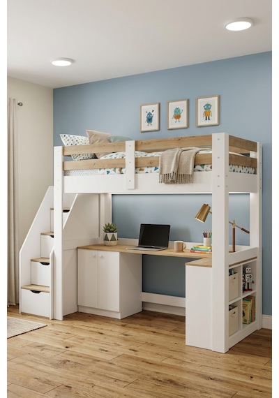 Rüzgar Ranza Çalışma Masalı, Kitaplıklı Ve Dolaplı Ranza - Beyaz Ceviz 90 x 190