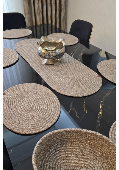 6 Lı Oval Supla 1 Runner 1 Dekoratif Ekmek Sepeti Seti Desenli Sunumluk Yemek Takımı Çok Renkli