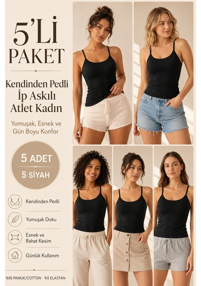 Loule Kadın 5'li İp Askılı Pedli Atlet Siyah %95 Pamuk