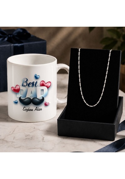 Bk Gift Kişiye Özel Babalar Günü Tasarımlı Beyaz Kupa & Yaprak Model Zincir Kolye -10, Babalar Günü Hediyesi Gümüş