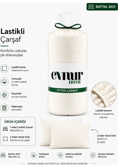 Evnur Home Çizgili Lastikli Çarşaf Seti Battal Boy Krem