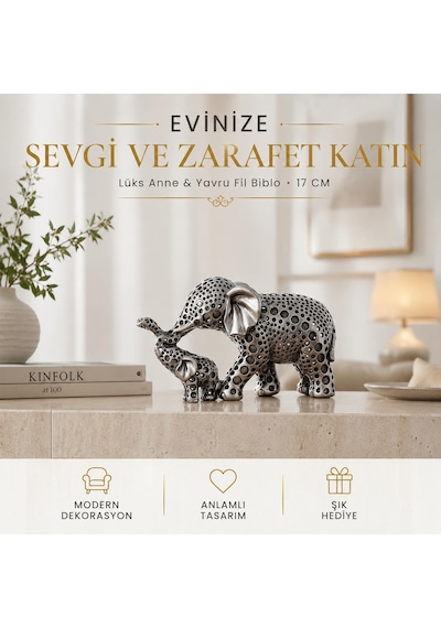Lüks İskandinav Tasarım Anne Yavru Fil Şeklinde Heykel Biblo Yeni Ev Ve Ofis Hediyesi 17 Cm