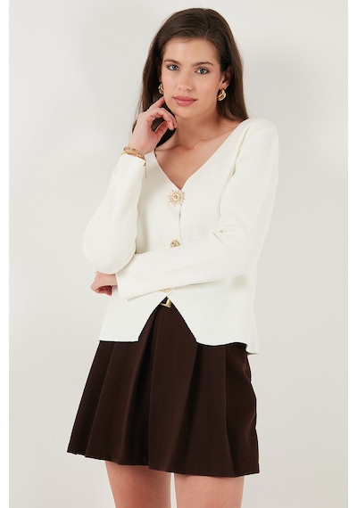 Lela Premium Regular Fit V Yaka Düğmeli Triko Bayan Hırka 680Hi00121 Ekru Lela Premium Regular Fit V Yaka Düğmeli Triko Bayan Hırka 680Hi00121 Ekru