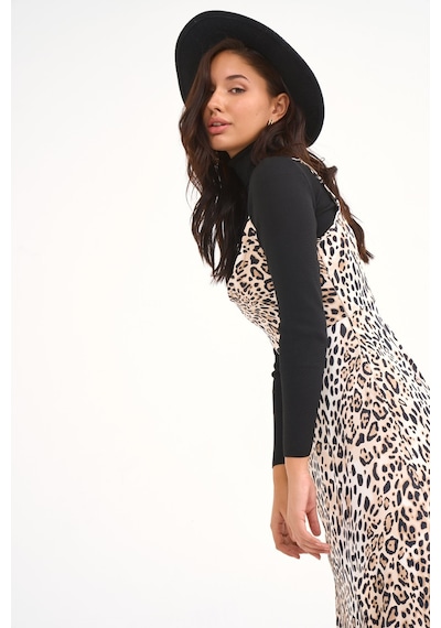 Sateen Leopar Desenli Saten Elbise - Leopar