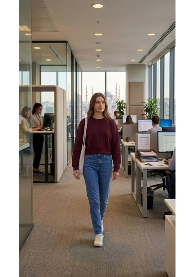 Luxıc Core Kadın Crop Bisiklet Yaka Sweatshirt Pamuklu Yumuşak Dokulu Günlük Spor Sweatshirt Bordo