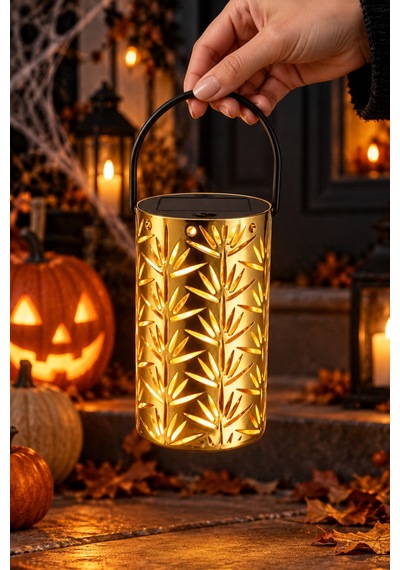 Gold Metal Yapraklı Askılı Pilli Led Fener Halloween Yılbaşı Ramazan Dekor Süsü 12,5 X 7,5 Cm Renkli