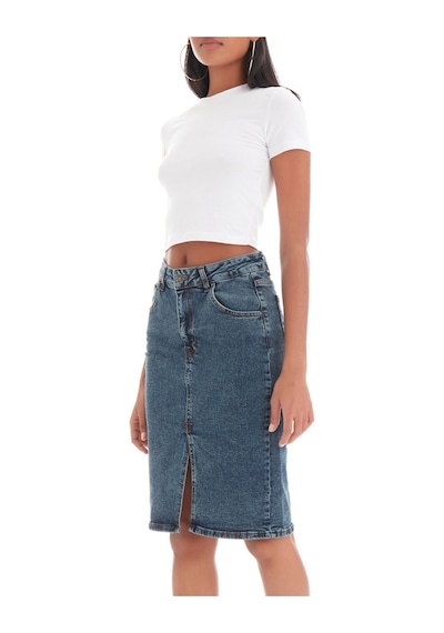 Itsbasic Kadın Tint Kot Rengi Erica Midi Boy Yüksek Bel Yırtmaçlı Jean Etek