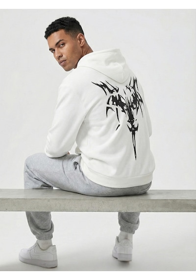 Unisex Oversize Hoodie Grafik Sembol Baskılı Beyaz