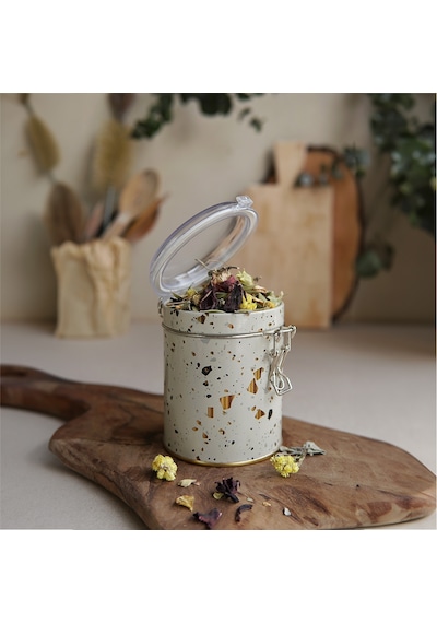 Terrazzo Cream Desenli Kilitli Kapaklı Yuvarlak Metal Kutu, 9 X 11 Cm, 0.6 Lt
