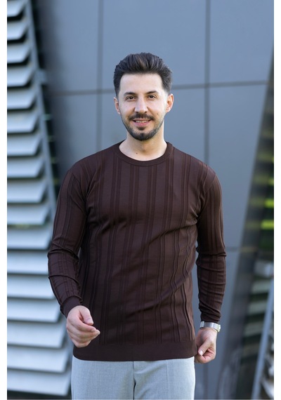 Hk Premium Kazak Fitilli Bisiklet Yaka Slim Fit Triko Kahverengi