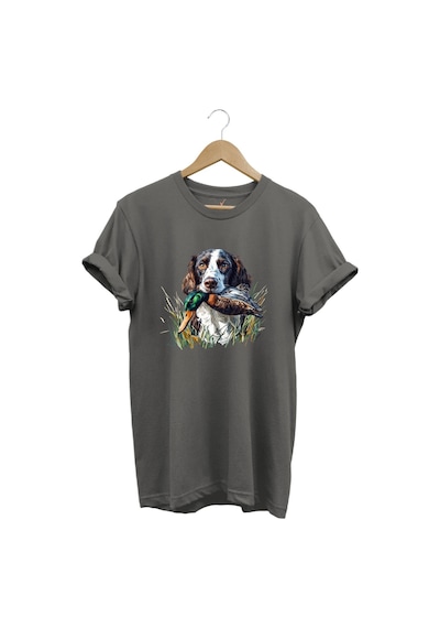 Avcılık Av Köpeği Ve Ördek Baskılı %100 Pamuk Regular Fit Bisiklet Yaka Premium Gri T-shirt Gri