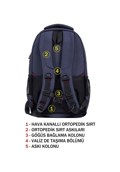 Dada Unisex Lacivert Okul Sırt Çantası Orta Boy Usb Type-c 14 inç Su Geçirmez Kumaş Lise Üniversite