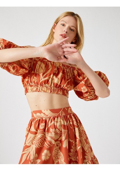 Koton Crop Bluz Desenli Omuz Açık Kiremit Desenli 1yak66670ıw