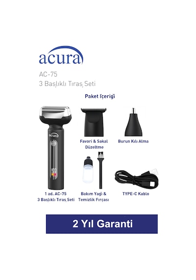 Acura Ac-75 3 Başlıklı Metal Gövdeli Tıraş Seti