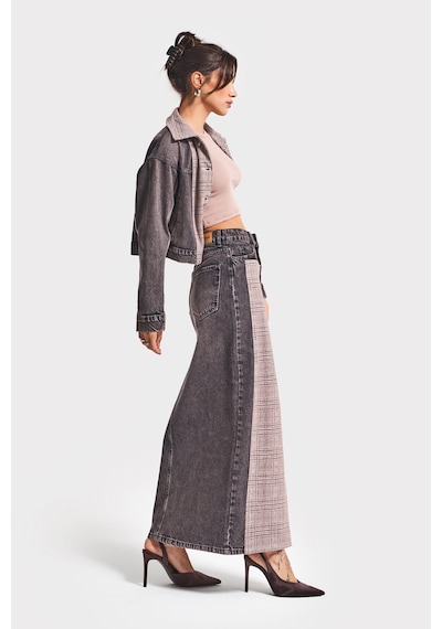 Itsbasic Kadın Taşlanmış Koyu Kot Rengi 4w5-143 Denim Dokuma Parçalı Kumaş Maxi Boy Yırtmaçlı Özel Tasarım Etek Taşlanmış K.kot