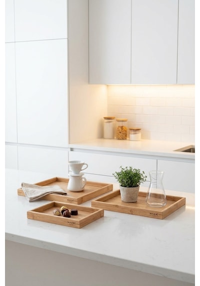 Makri Home 3 Lü Ahşap Tepsi Seti, Büyük Tepsi: 40 X 30 Cm, Orta Tepsi: 35x25 Cm, Küçük Tepsi: 30x20 Cm Ahşap