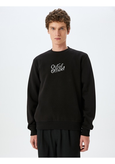 Koton Pamuk Karışımlı Bisiklet Yaka Slogan Baskılı Sweatshirt Siyah 5wam70232mk Siyah