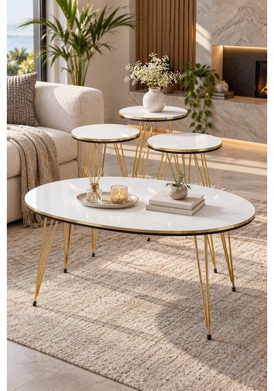 Sulorahome Gold Tel Ayaklı Beyaz 4'lü Sehpa Seti Beyaz - Altın