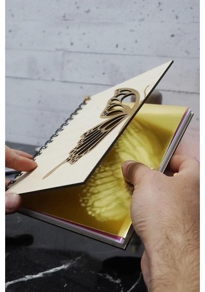 Kelebek Desenli Ahşap Kapaklı Defter - Ajanda - Günlük - Çizgisiz Defter - A5 Notebook