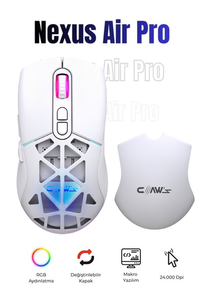 Nexus Air Pro Kablosuz 24.000 Dpi Pixart Pmw3311 Sensör Makro Yazılımlı & Değiştirilebilir Kapaklı Rgb Kablosuz Gaming Mouse - Beyaz 2.4 Ghz Kablosuz + Bt5.1 + Type-c İle Kullanım Desteği Nexus Air Pro Kablosuz 24.000 Dpi Pixart Pmw3311 Sensör Makro Yazılımlı & Değiştirilebilir Kapaklı Rgb Kablosuz Gaming Mouse - Beyaz 2.4 Ghz Kablosuz + Bt5.1 + Type-c İle Kullanım Desteği