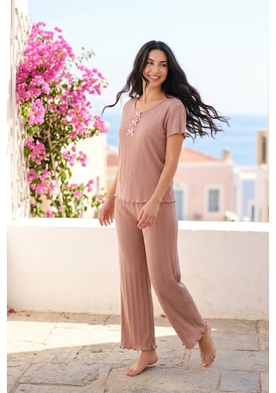 Aura Collections Kadın Bambu Viskon Transfer Ribana Kısa Kollu Düğmeli Pijama Takımı Kahverengi